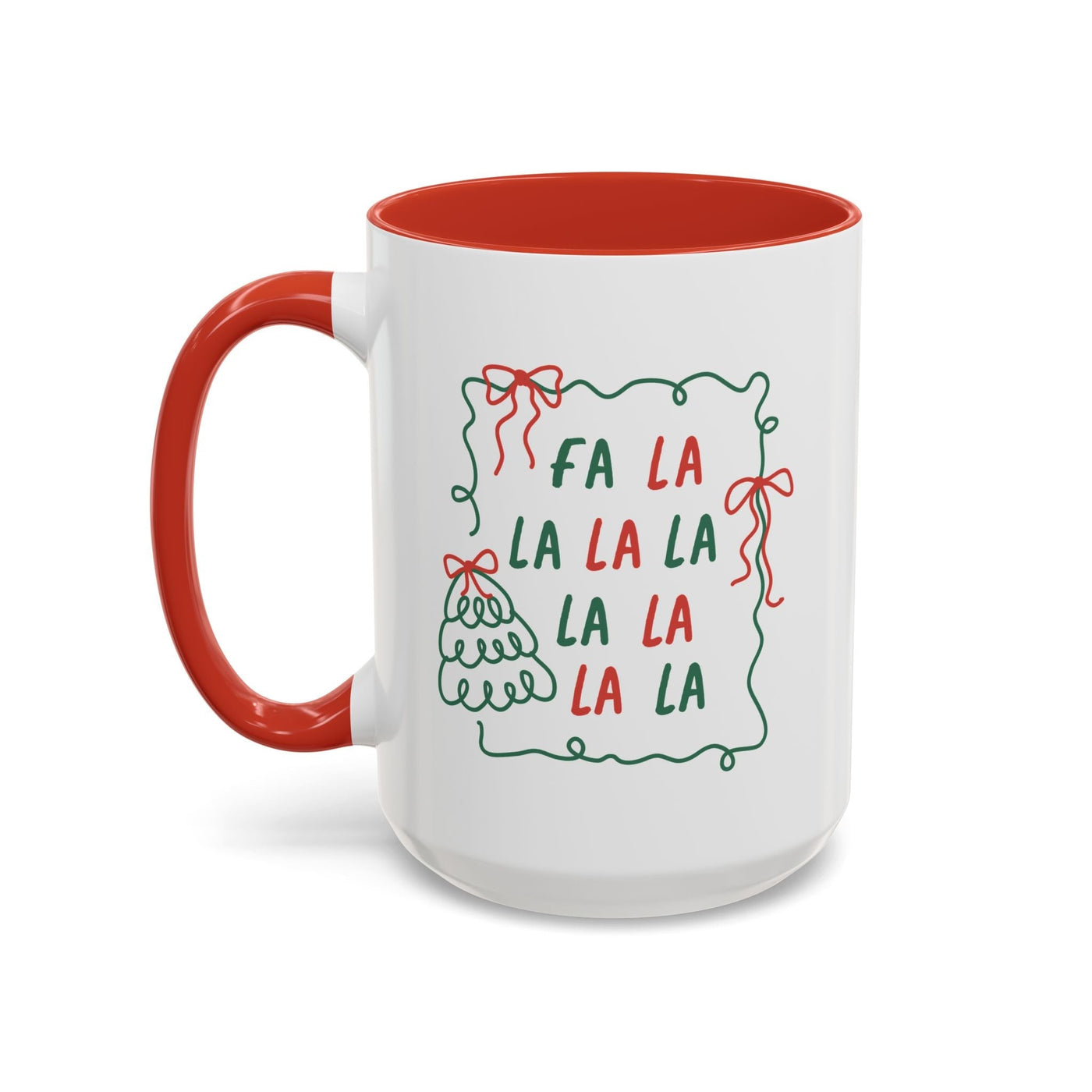 White ceramic Fa La La Christmas coffee mug with red handle and interior, minimalist holiday design with festive text and decorative elements
