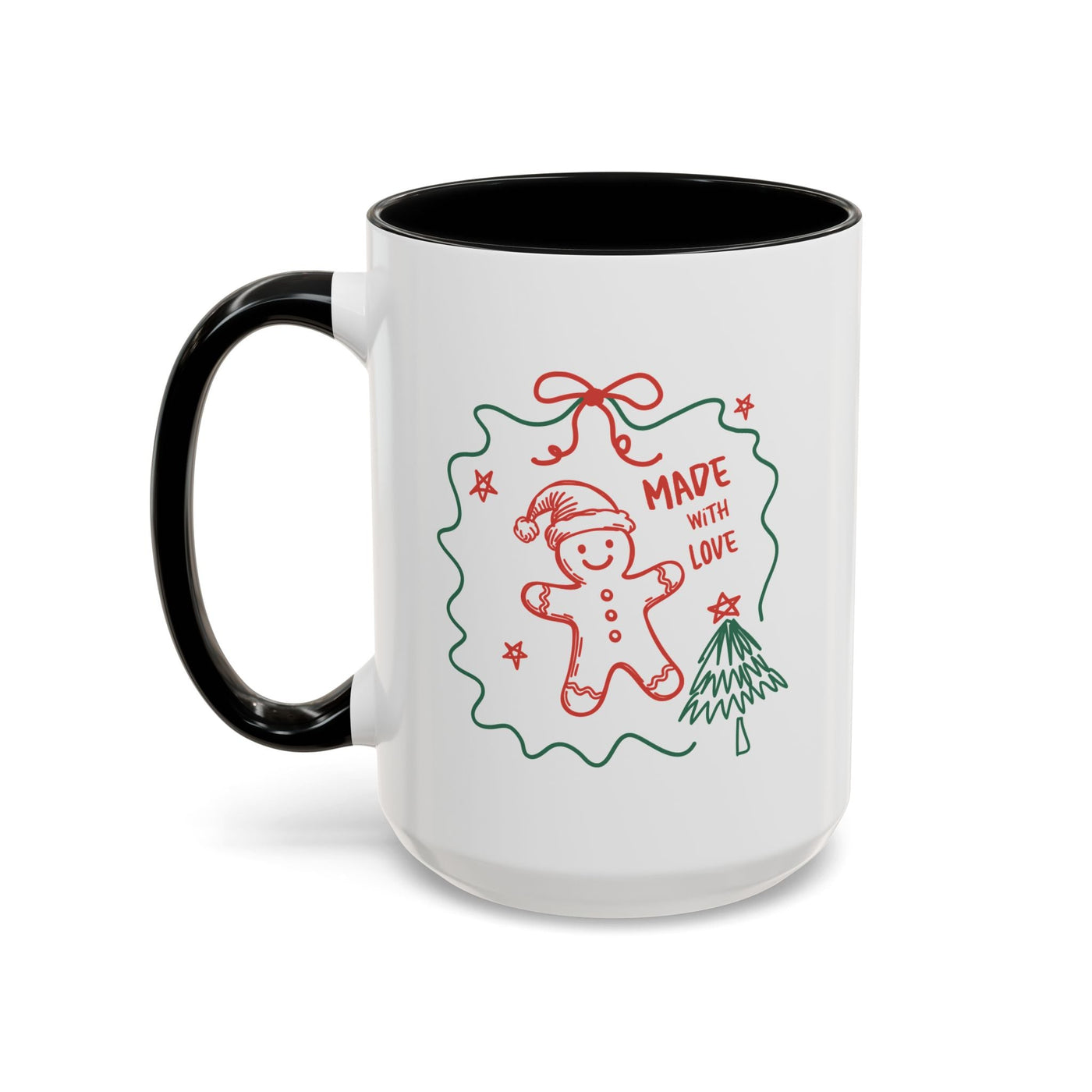 Minimalist festive Christmas coffee mug with gingerbread design and "Made with Love" text, black handle, and interior