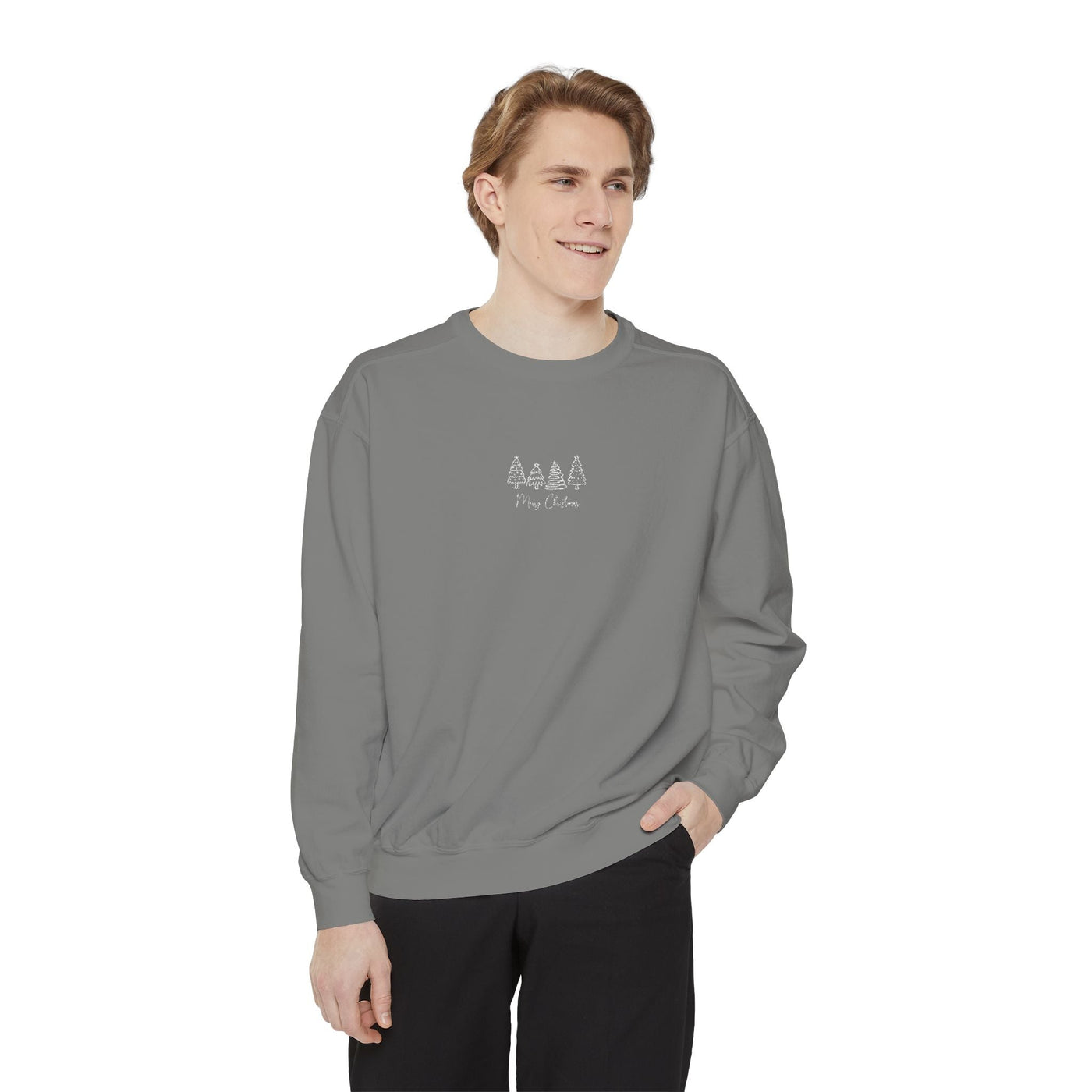 Cozy unisex garment-dyed sweatshirt with minimalist tree embroidery, soft cotton-poly blend, relaxed fit.