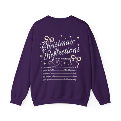 Purple Coquette Christmas Faith crewneck sweatshirt with festive text and bow design on back