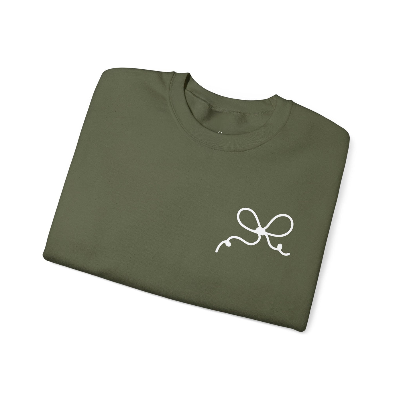 Folded olive green coquette bow crewneck sweatshirt with white bow design on front
