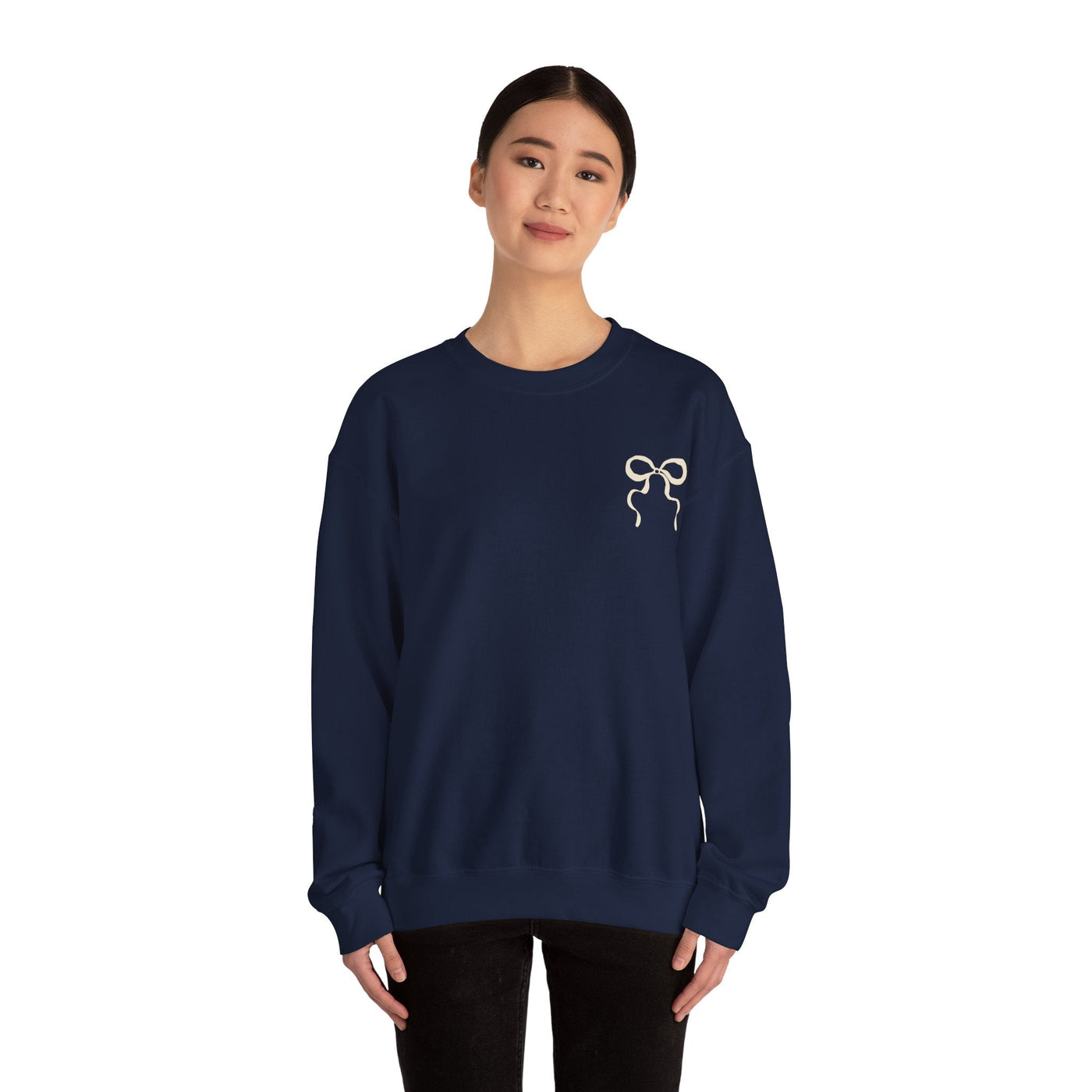 Coquette Christmas Faith Crewneck sweatshirt navy blue with bow design, unisex, cozy holiday wear