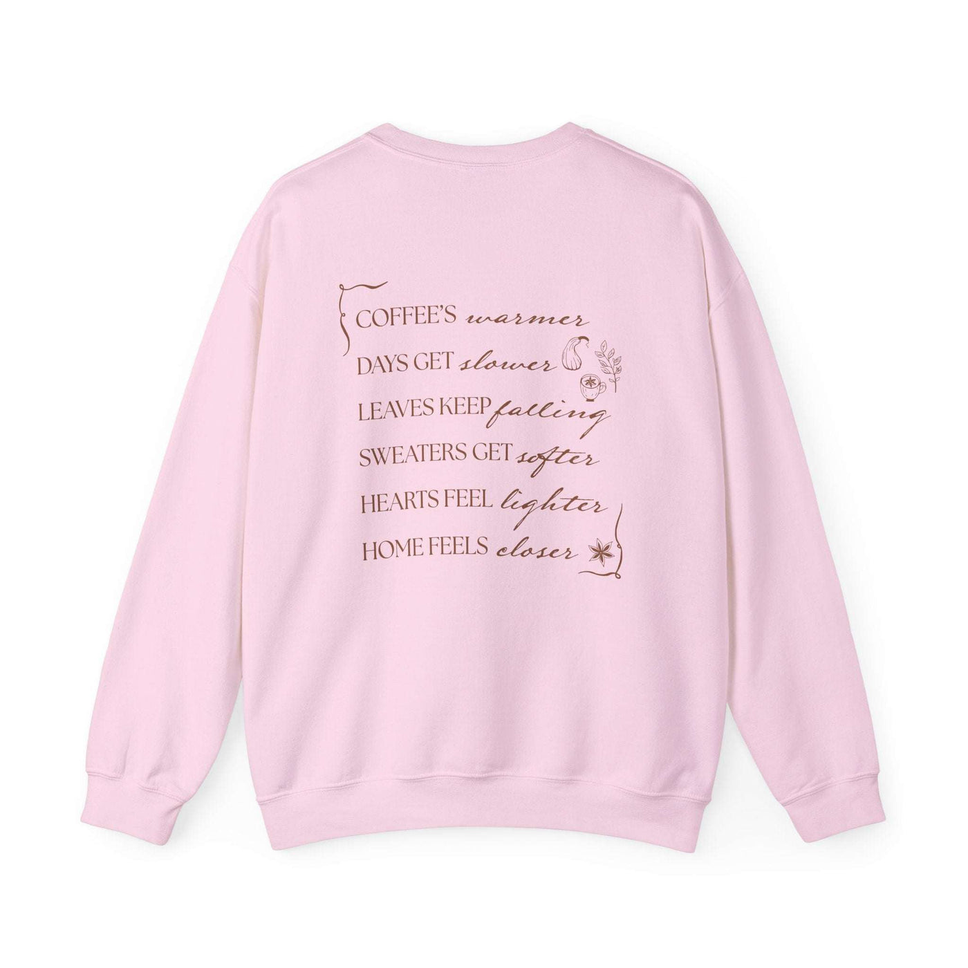 light pink Fall Things sweatshirt with cozy autumn verse text on back, minimalist coffee lover crewneck design