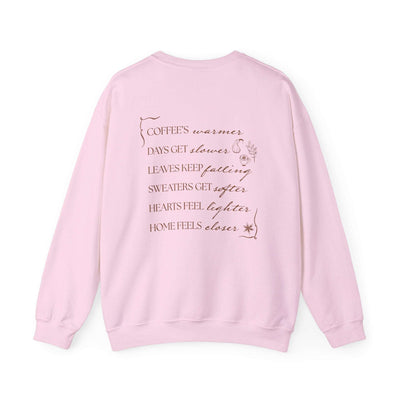 light pink Fall Things sweatshirt with cozy autumn verse text on back, minimalist coffee lover crewneck design