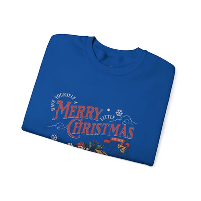 Folded blue vintage Santa crewneck sweatshirt with Merry Christmas holiday design