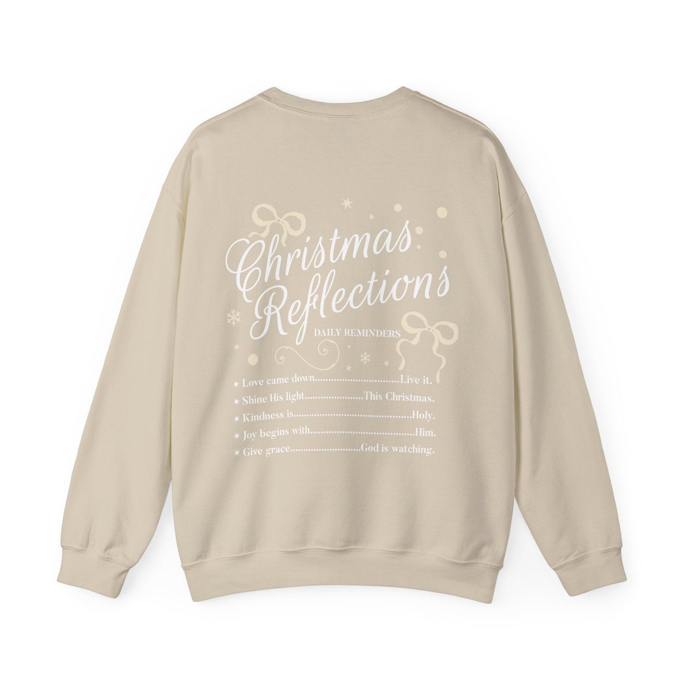 Beige Coquette Christmas Faith Crewneck Sweatshirt with holiday reflections text and bow design on back, unisex cotton blend