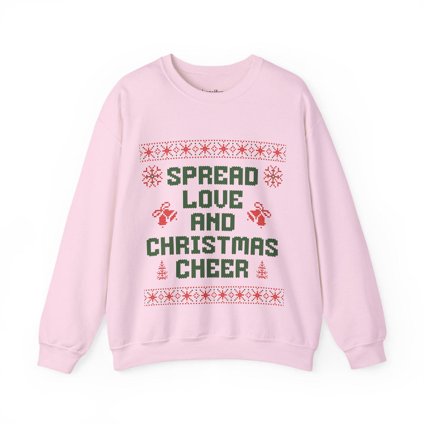 Cozy pink crewneck sweatshirt with "Spread Love and Christmas Cheer" holiday design, unisex festive sweater.