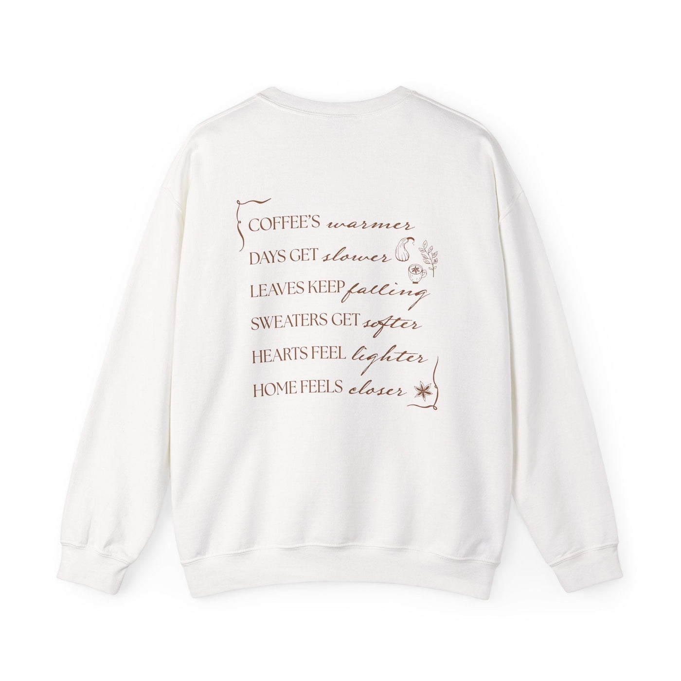 White Fall Things Sweatshirt with autumn-themed poetic text in brown on the back, cozy minimalist crewneck for coffee lovers and homebodies