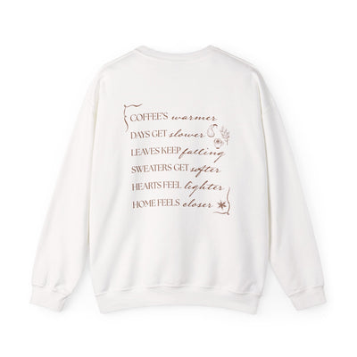 White Fall Things Sweatshirt with autumn-themed poetic text in brown on the back, cozy minimalist crewneck for coffee lovers and homebodies