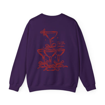 Purple Holiday Bow Crewneck Sweatshirt with festive champagne tower and bow design on back, cozy holiday apparel