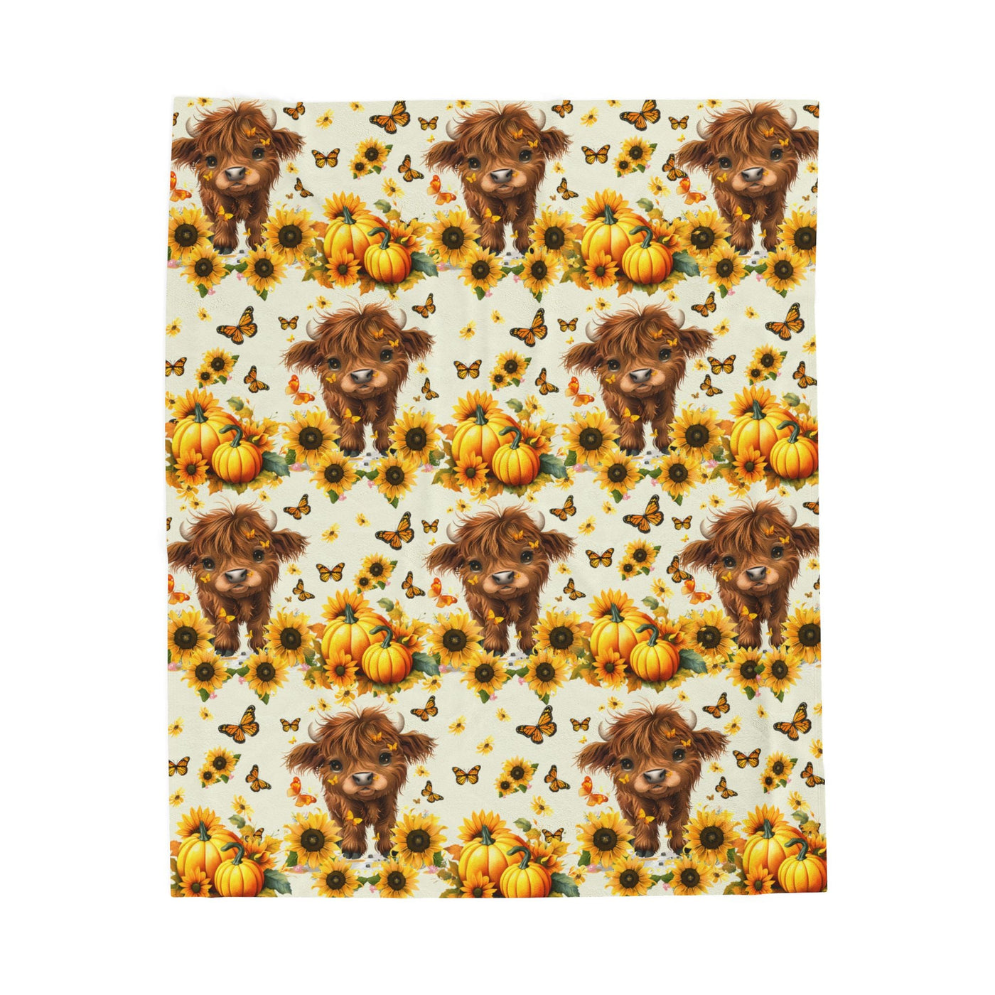 Highland Cow Velveteen Blanket with autumn puppies, sunflowers, pumpkins, and butterflies for cozy rustic farmhouse decor