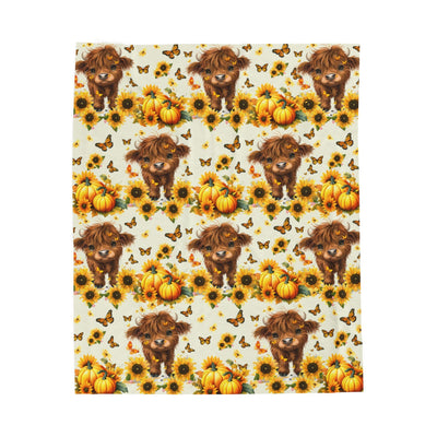 Highland Cow Velveteen Blanket with autumn puppies, sunflowers, pumpkins, and butterflies for cozy rustic farmhouse decor