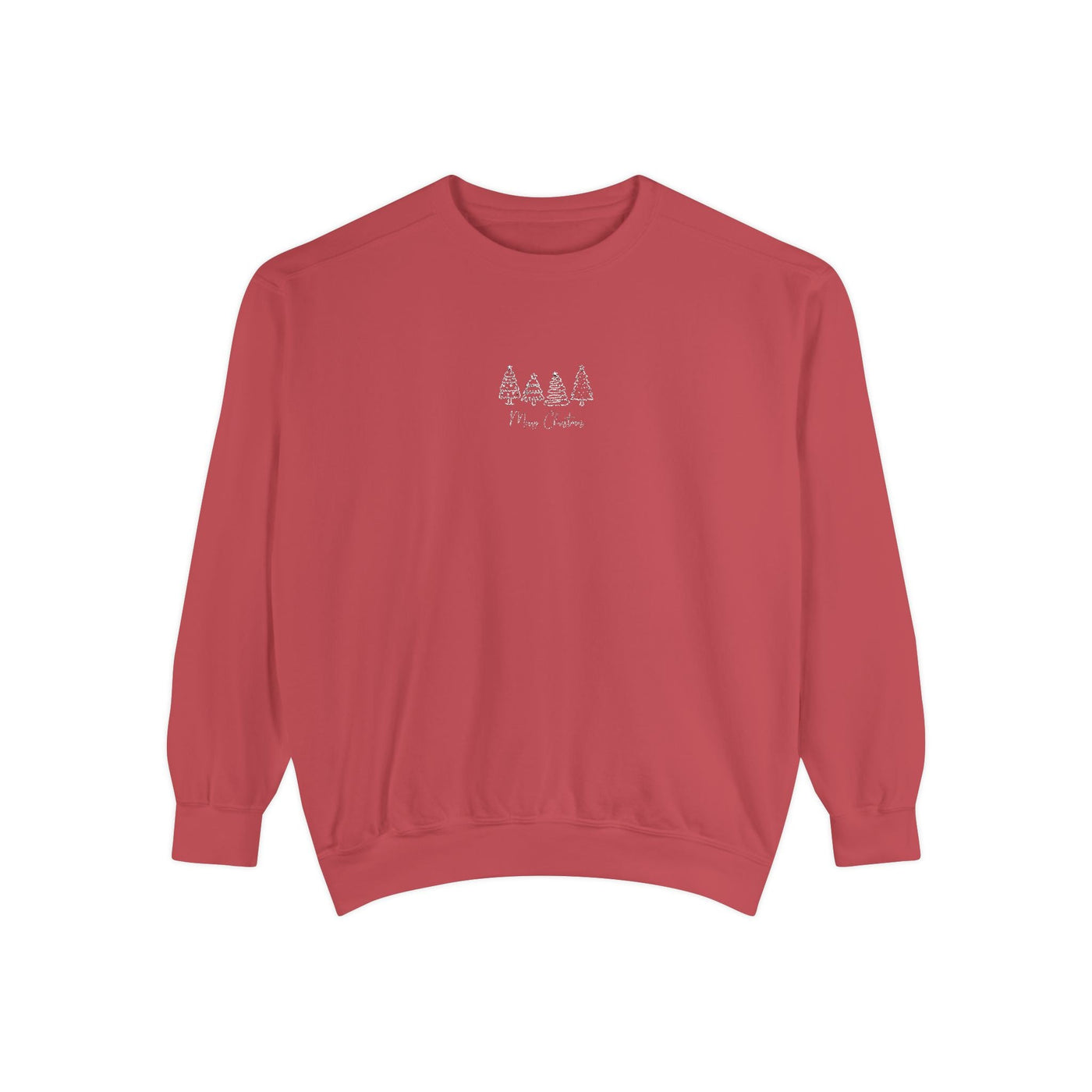 Cozy unisex garment-dyed sweatshirt in red with minimalist tree embroidery, soft cotton-polyester blend, ribbed cuffs and hem.