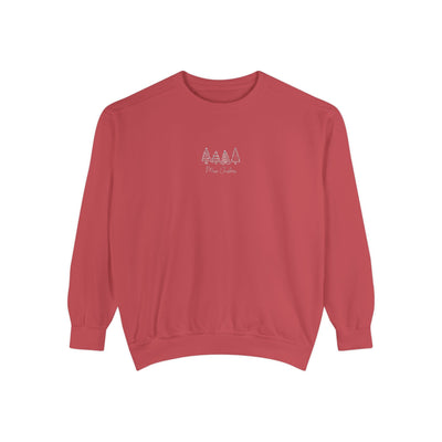 Cozy unisex garment-dyed sweatshirt in red with minimalist tree embroidery, soft cotton-polyester blend, ribbed cuffs and hem.