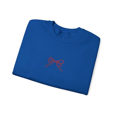 Blue Holiday Bow Crewneck Sweatshirt with red bow design for festive wear