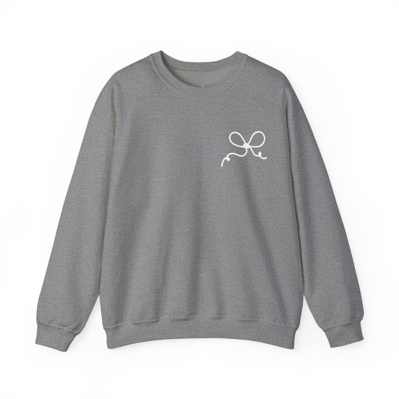 Grey Coquette Bow Crewneck Sweatshirt with white bow design, cotton-poly blend, ribbed collar, unisex adult comfortable casual wear