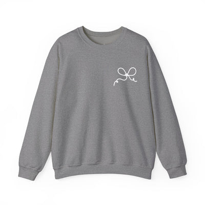 Grey Coquette Bow Crewneck Sweatshirt with white bow design, cotton-poly blend, ribbed collar, unisex adult comfortable casual wear