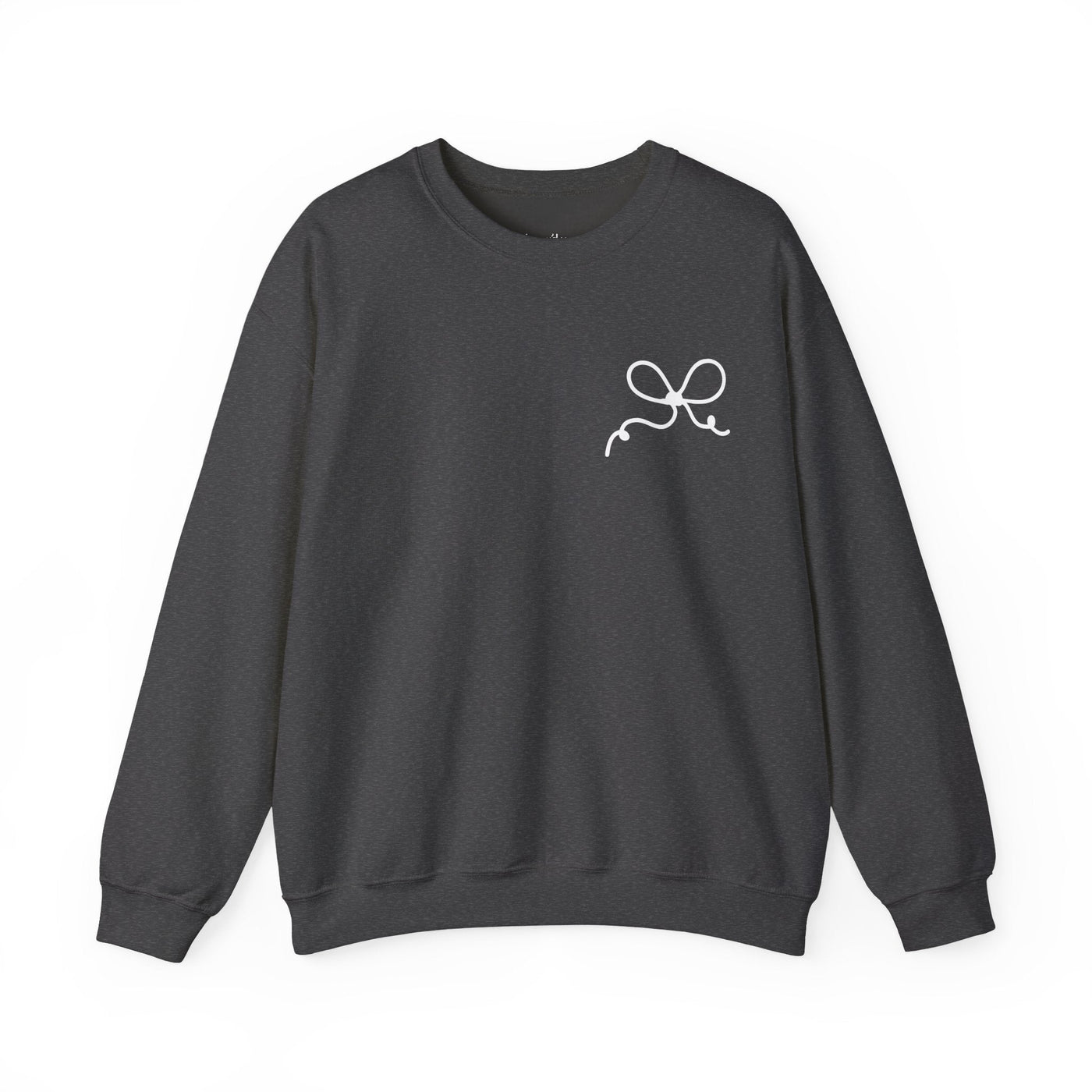 Black Coquette Bow Crewneck Sweatshirt with white bow design on chest, comfortable cotton-poly blend, unisex adult size.