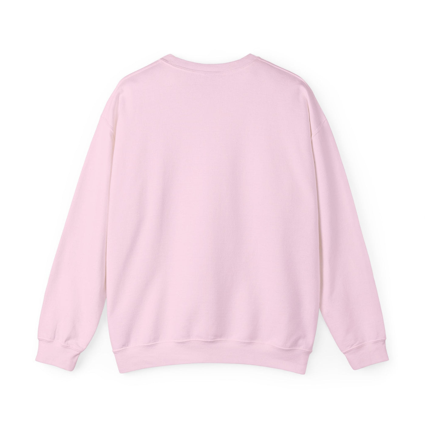 Back view of cozy pink "Spread Love and Christmas Cheer" unisex holiday crewneck sweatshirt