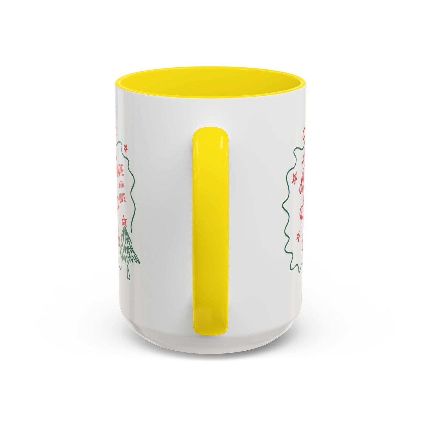 White ceramic festive Christmas coffee mug with yellow handle and interior, 11oz and 15oz sizes available