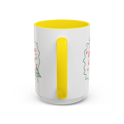 White ceramic festive Christmas coffee mug with yellow handle and interior, 11oz and 15oz sizes available