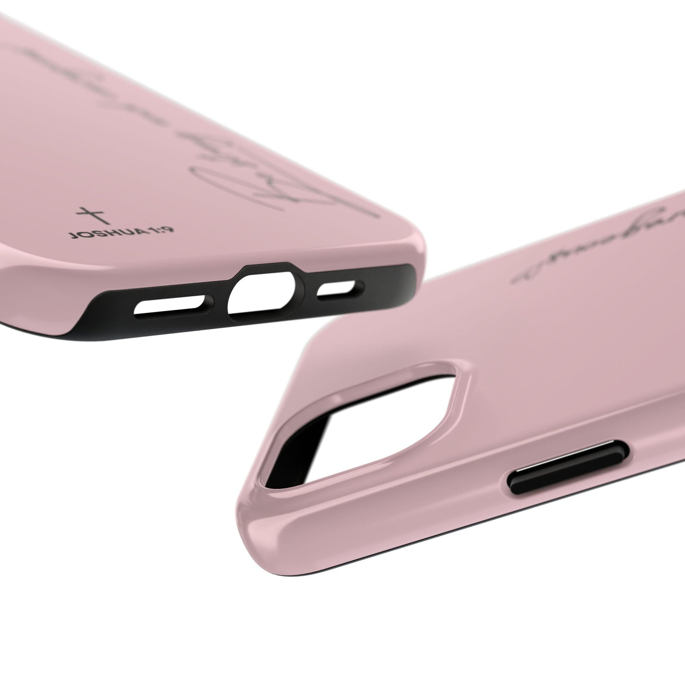 Pink inspirational tough phone cases with "Be Strong and Courageous" Joshua 1:9 scripture design, durable dual-layer protection for iPhone and Samsung.