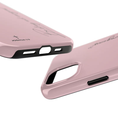 Pink inspirational tough phone cases with "Be Strong and Courageous" Joshua 1:9 scripture design, durable dual-layer protection for iPhone and Samsung.