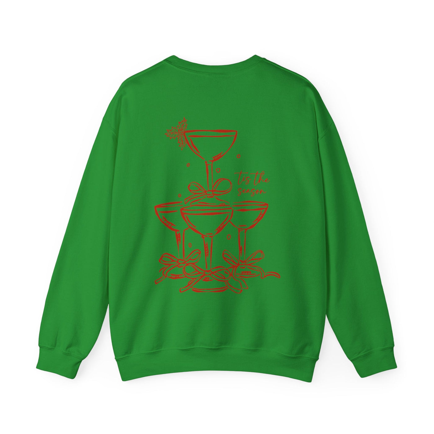 Green Holiday Bow Crewneck Sweatshirt with red festive champagne tower and bow design on the back, cozy and durable holiday apparel