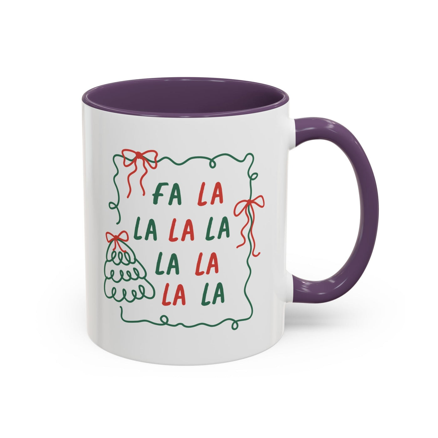 Fa La La Christmas coffee mug with festive red and green design, purple handle and interior, ceramic, dishwasher and microwave safe