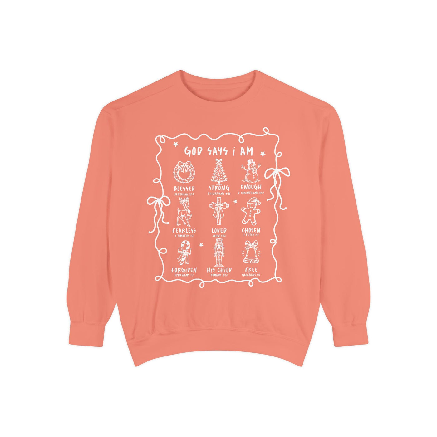 God Says I Am inspirational coral crewneck sweatshirt with Bible verse and festive designs
