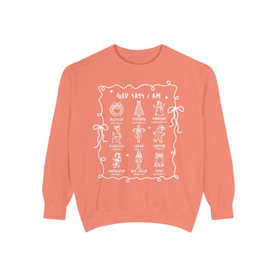 God Says I Am inspirational coral crewneck sweatshirt with Bible verse and festive designs