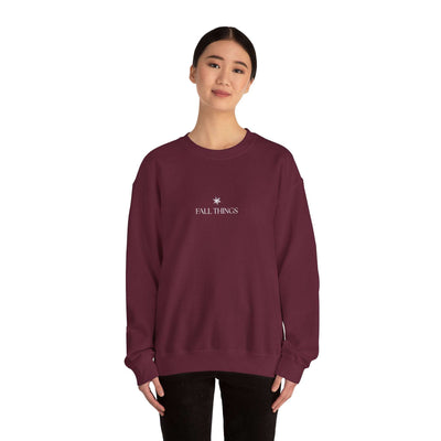 Woman wearing maroon Fall Things sweatshirt cozy minimalist autumn crewneck
