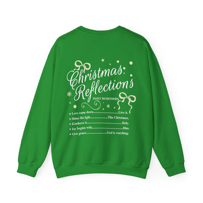 Green Coquette Christmas Faith crewneck sweatshirt with inspirational holiday reflections design on the back