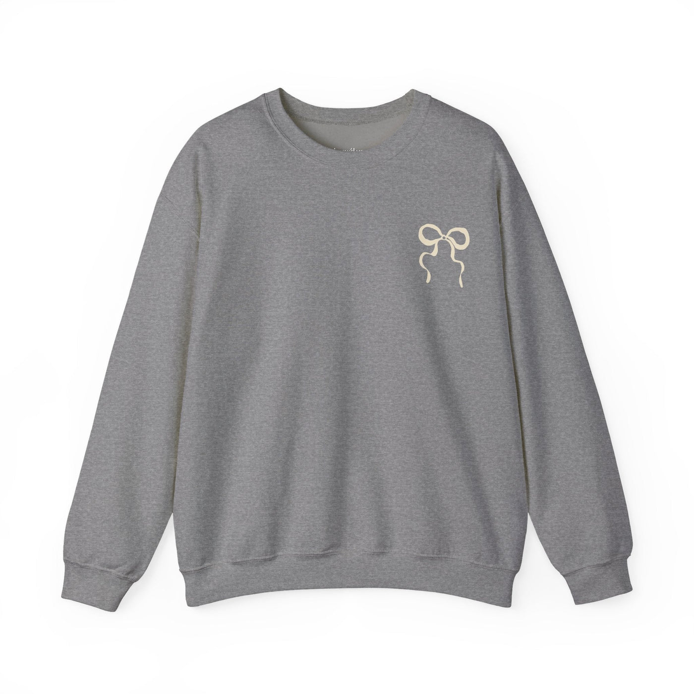 Grey Coquette Christmas Faith crewneck sweatshirt with bow design, unisex cotton-poly blend, festive and comfortable.