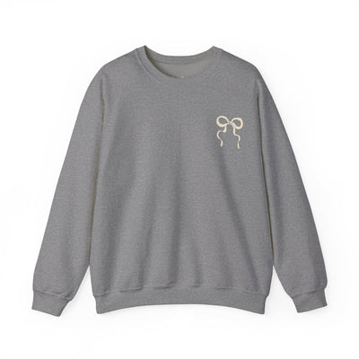Grey Coquette Christmas Faith crewneck sweatshirt with bow design, unisex cotton-poly blend, festive and comfortable.