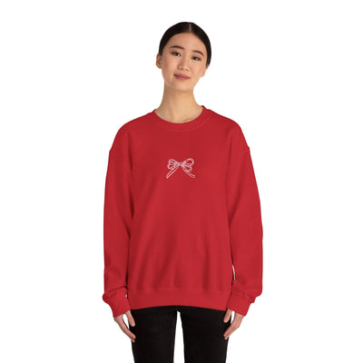 Red Holiday Bow Crewneck Sweatshirt with front bow design, cozy and festive adult holiday apparel