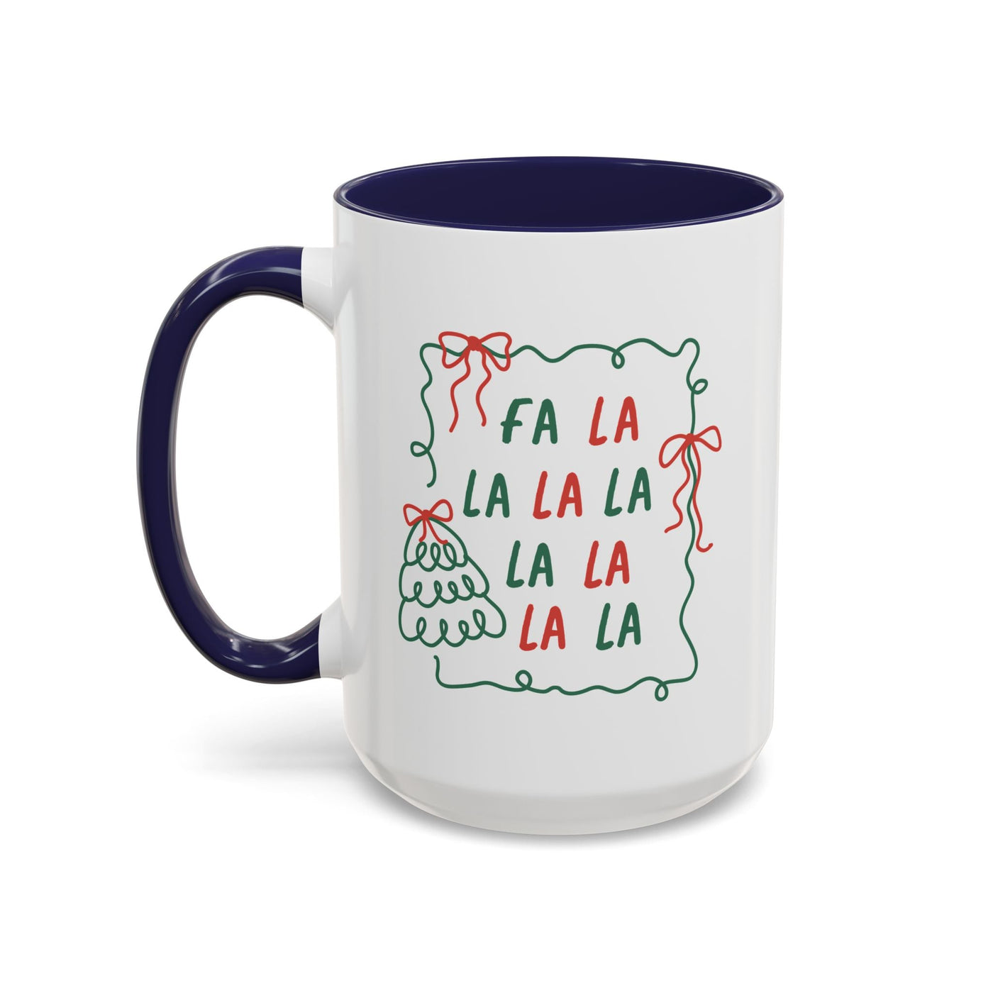 Fa La La Christmas coffee mug with minimalist holiday design in white ceramic and navy handle, dishwasher and microwave safe.