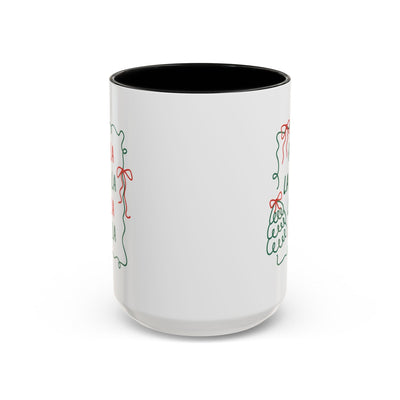 Fa La La Christmas coffee mug with minimalist holiday design, white ceramic, glossy finish, black interior, dishwasher and microwave safe.