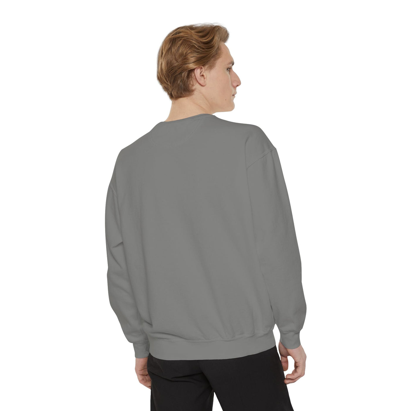 Back view of cozy unisex garment-dyed sweatshirt with minimalist embroidery design worn by male model