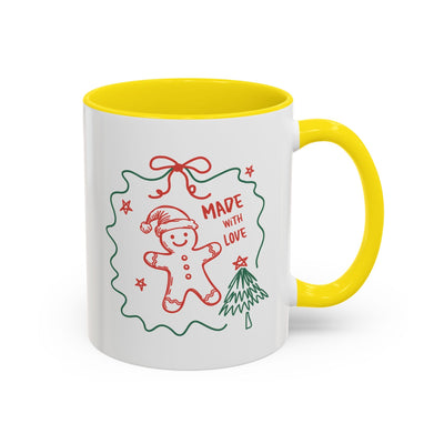 Festive Christmas coffee mug with gingerbread design, yellow handle and interior, ceramic holiday cup in 11oz and 15oz sizes