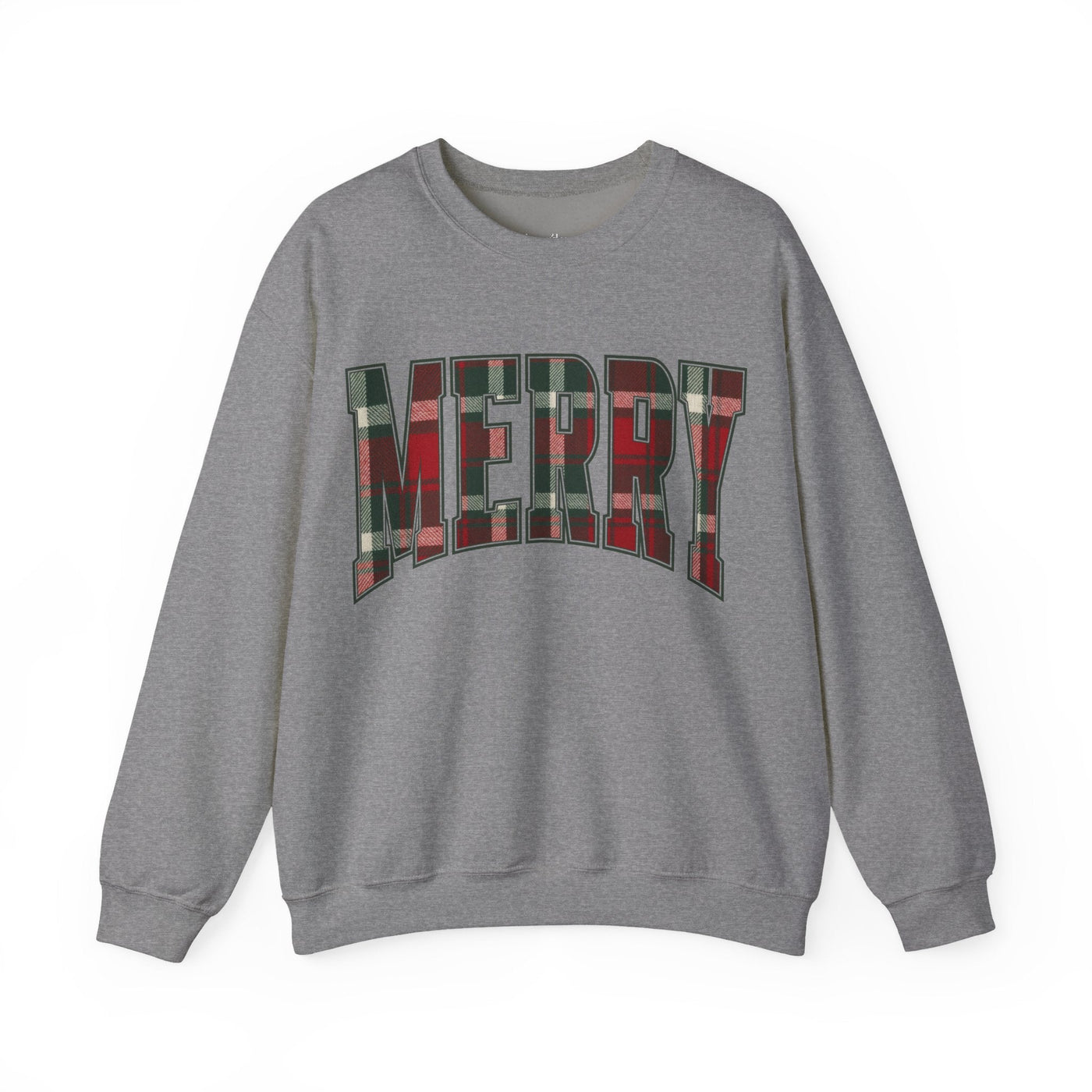 Gray crewneck sweatshirt with red and green plaid "MERRY" Christmas graphic text on front