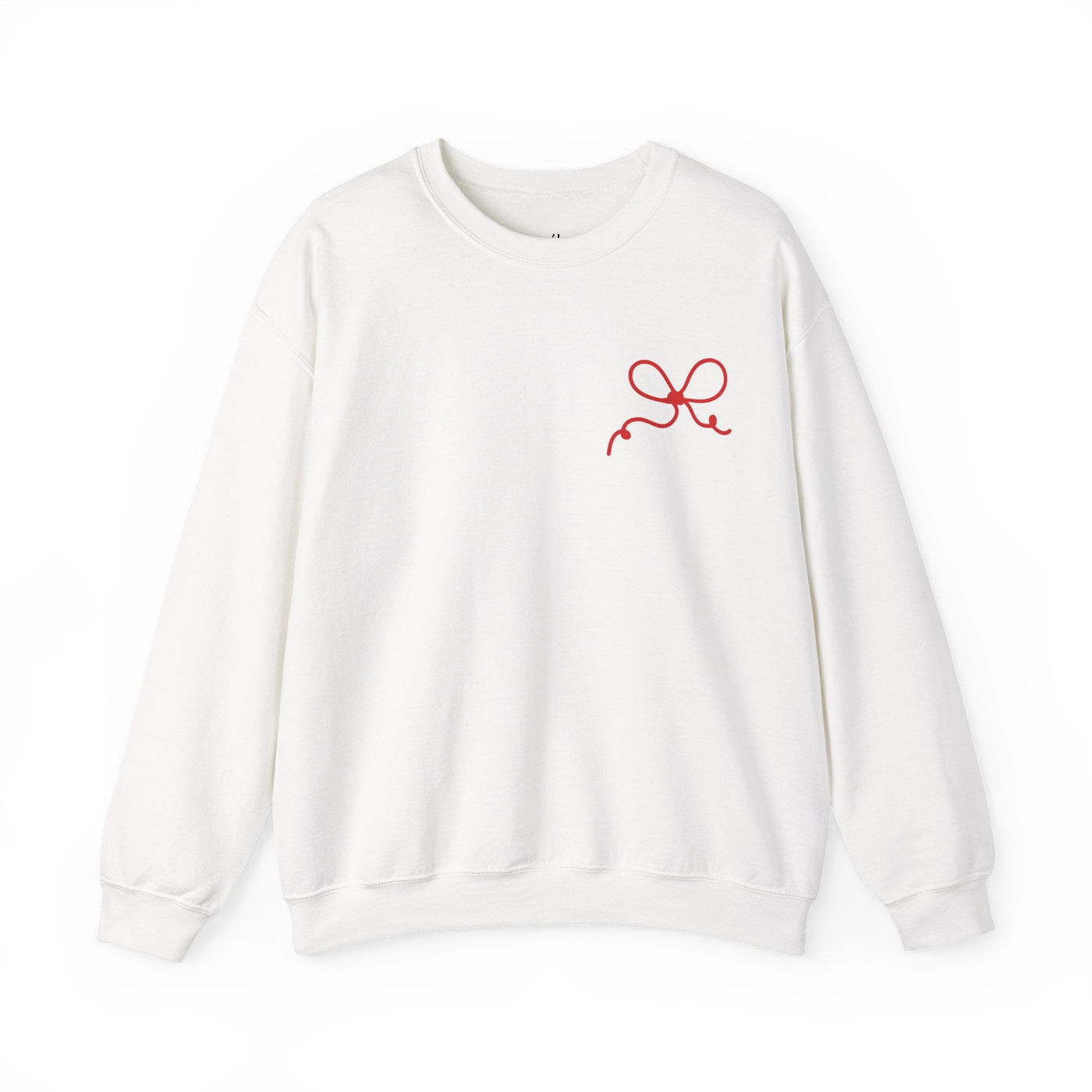 White Coquette Bow Crewneck Sweatshirt with red bow design and "The King is Born" faith motif