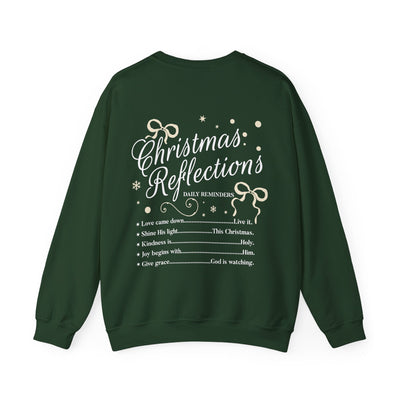 Coquette Christmas Faith crewneck sweatshirt in green with festive inspirational text on the back and bow design on front.