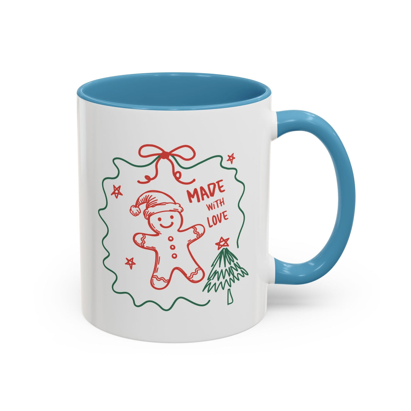 Festive Christmas coffee mug with gingerbread man and tree design, blue handle and interior, ceramic, 11oz and 15oz sizes