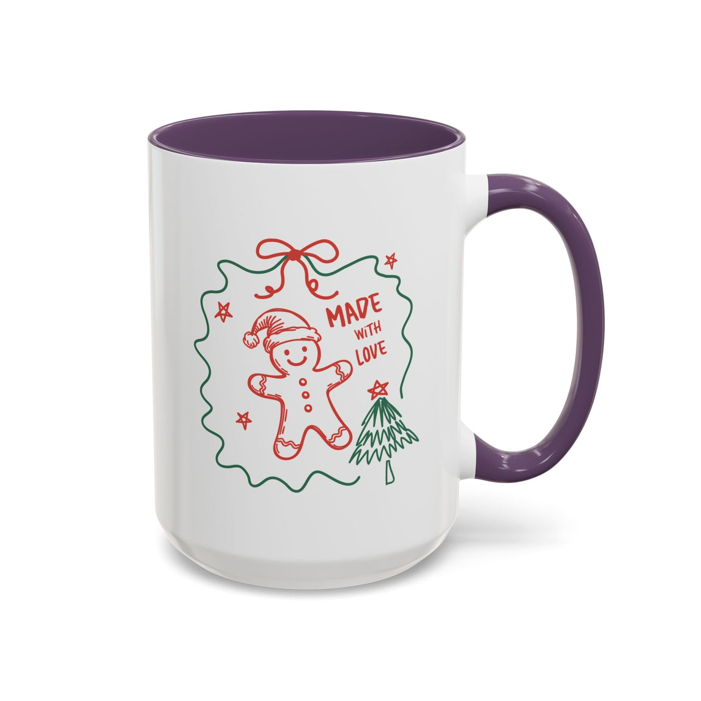 Minimalist festive Christmas coffee mug with gingerbread man and tree design, purple handle and interior, ceramic holiday cup.