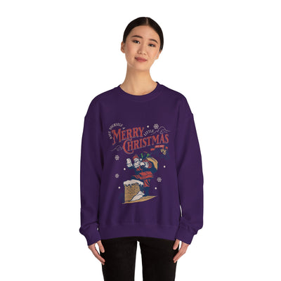Vintage Santa Crewneck sweatshirt with Santa climbing chimney and gift bag holiday design