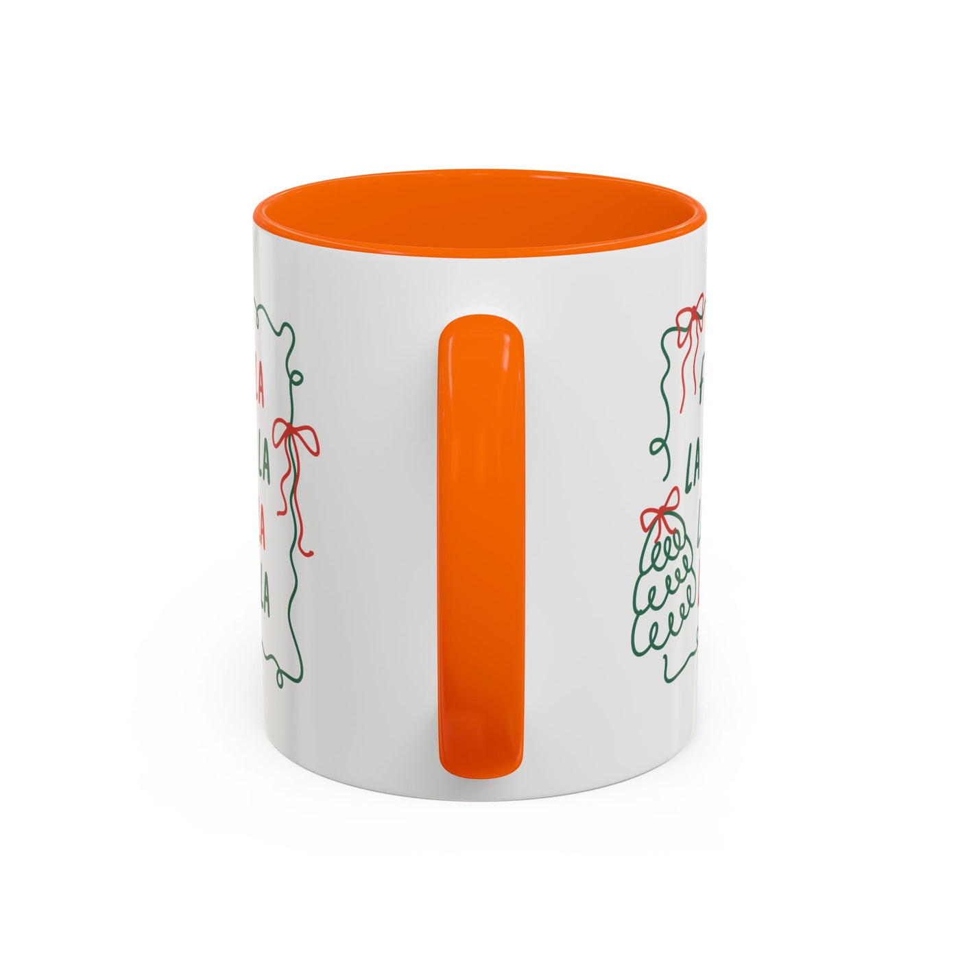White ceramic Fa La La Christmas coffee mug with orange handle and interior, minimalist holiday design, microwave and dishwasher safe