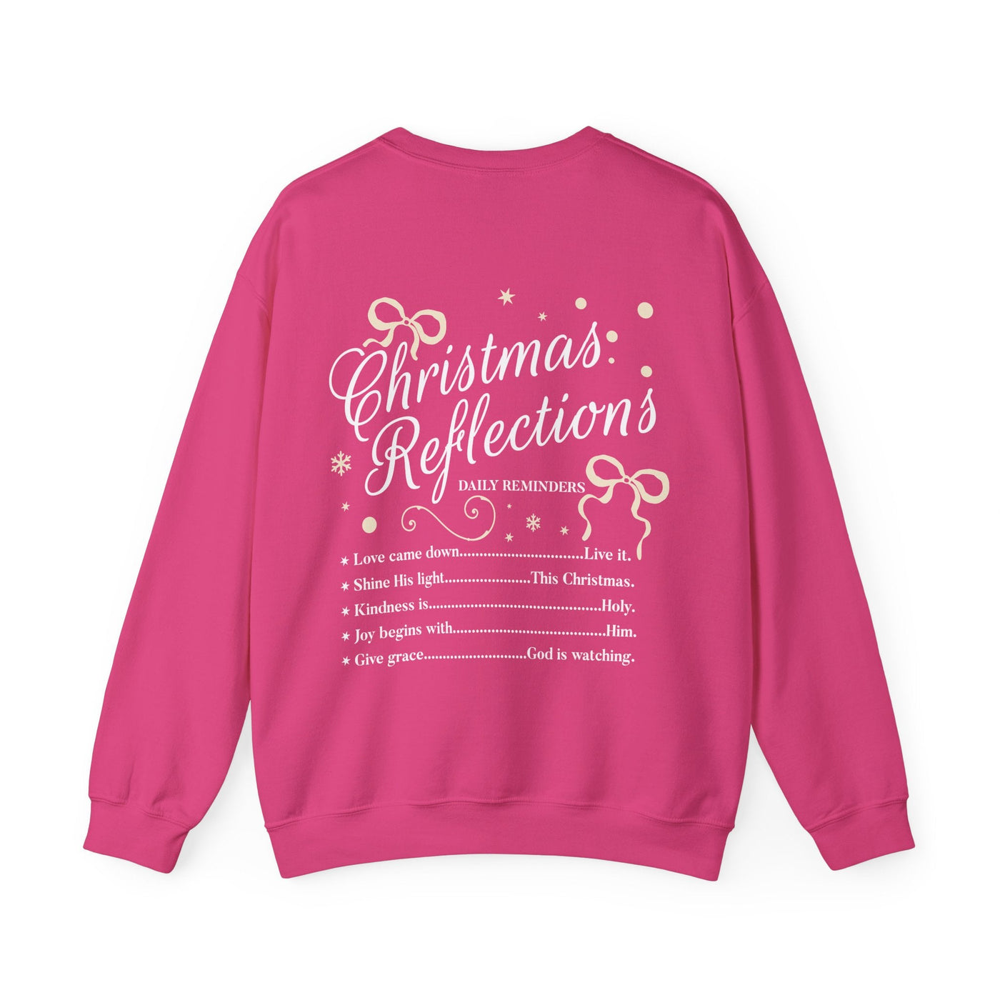 Pink Coquette Christmas Faith Crewneck Sweatshirt with inspirational holiday text on back and bow design.