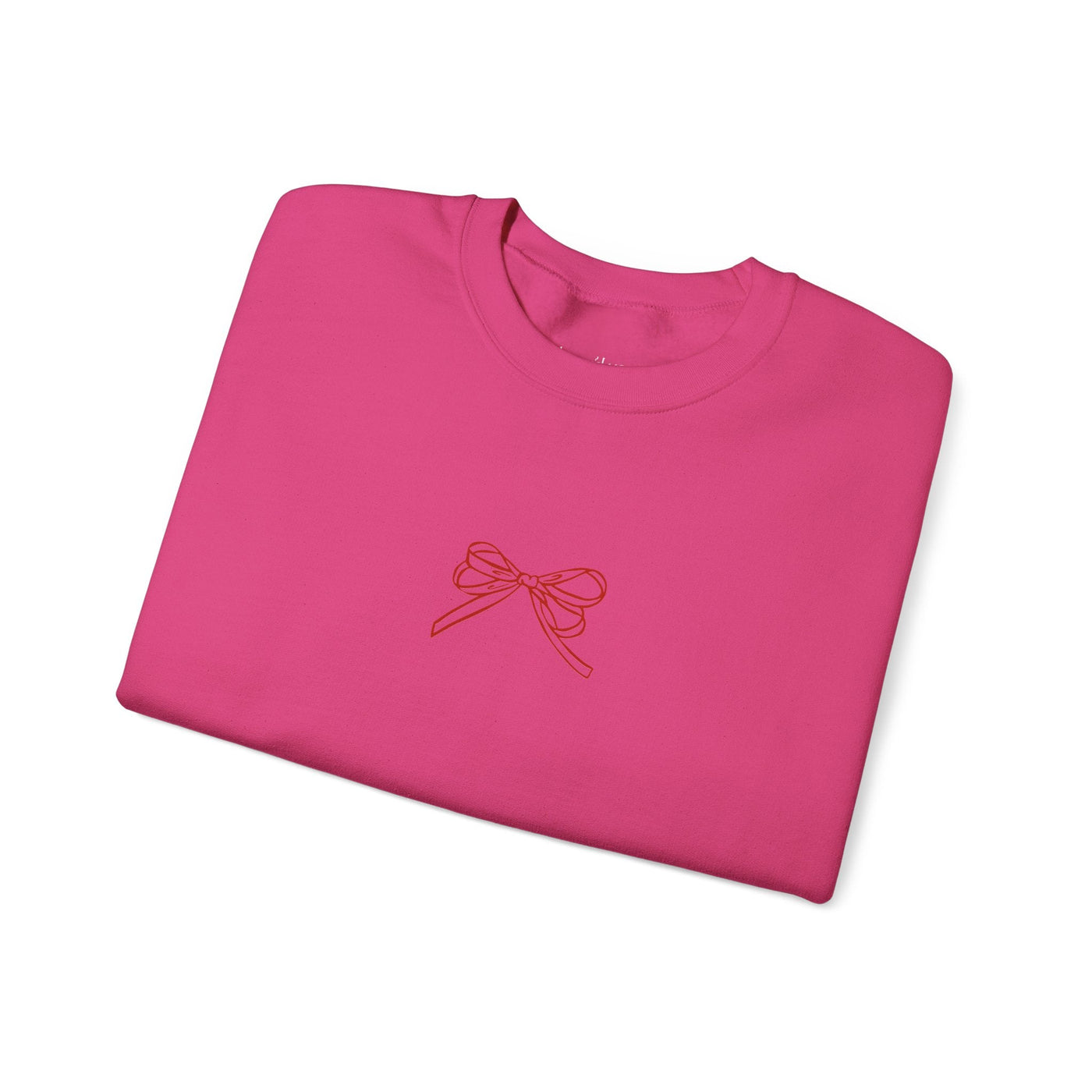 Pink Holiday Bow Crewneck Sweatshirt with festive bow design on front, cozy and comfortable fit for adults