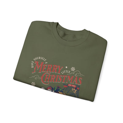 Folded vintage Santa crewneck sweatshirt with Merry Christmas holiday design on olive green fabric